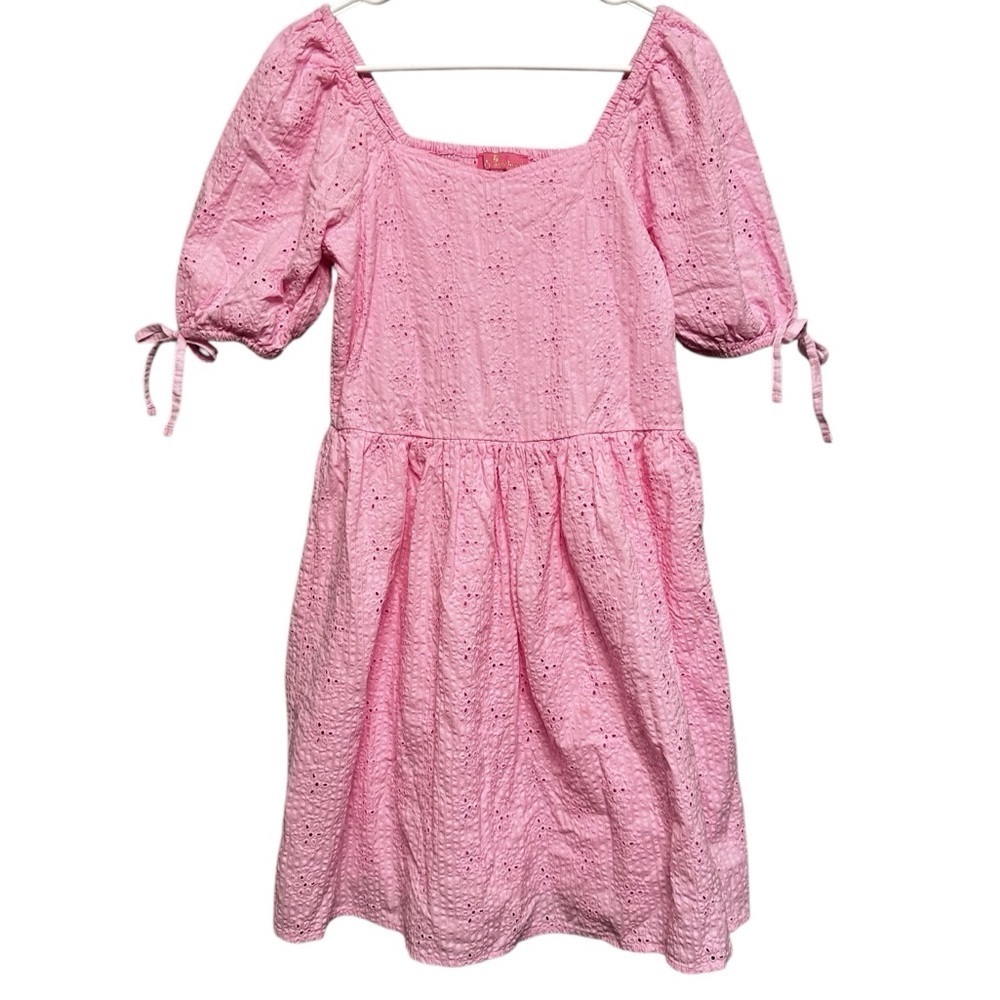 Simply Southern Pink Eyelet Puffed Sleeve Fit Flare Mini Dress Size Small